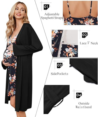 Ekouaer Nursing Nightgown and Maternity Robe Set Labor and Delivery Gown - color: Black Flower, size: Medium