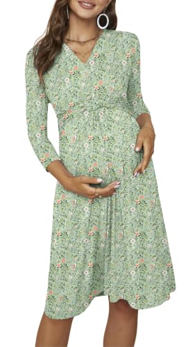 Fall Maternity Midi Dress V Neck 3/4 Sleeve Baby Shower - color: Green Floral, size: XX-Small