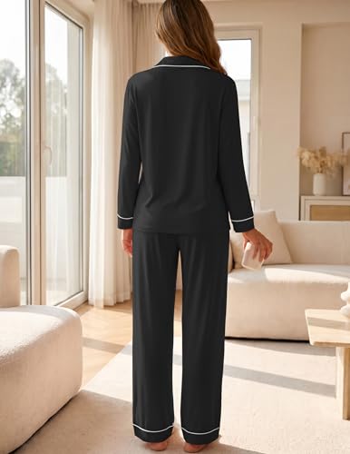 ZMJ Womens Pajama Sets 2 Piece Long Sleeve Button Down Sleepwear with Pants - color: Black, size: Medium