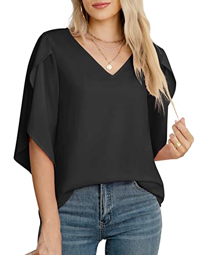 Jouica Women's 3/4 Ruffled Sleeve Blouses Summer Chiffon Casual Loose Tops - color: 01black, size: Medium