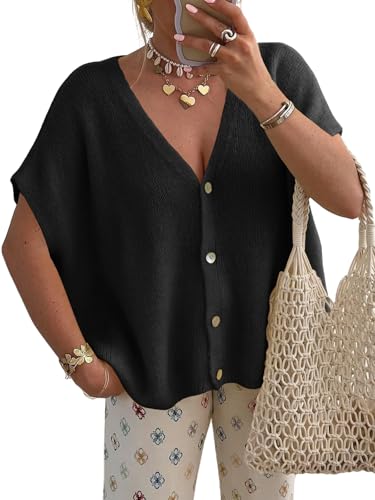 Saodimallsu Womens Fall Short Sleeve Cardigans Sweater Oversized Tops - color: Black, size: Small
