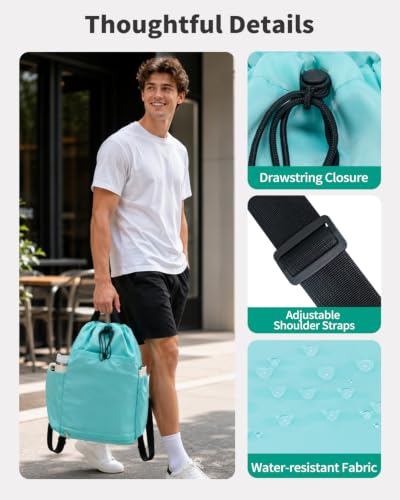 Drawstring Backpack with Shoe & Wet Compartments, Cup & Ball Holders, Green - color: Mint Green