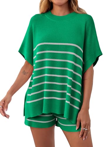 Fisoew Women's Striped 2 Piece Outfits Oversized Batwing Short Sleeve Tops High Waisted Shorts Summer Knit Lounge Short Sets - color: Green, size: X-Large