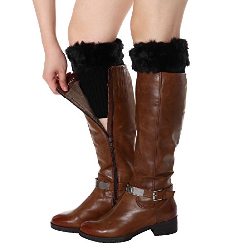 Womens Fur Trim Boot Cuff Top Cover Leg Warmers - color: Black