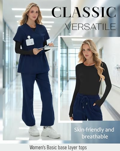 3 Pack Womens Long Sleeve Underscrub Shirts - color: Black, size: Large