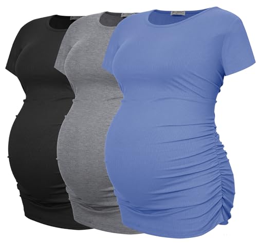 Smallshow Women's Ribbed Ruched Maternity Shirts 3 Packs - color: Black-blue-light Grey(3 Pack), size: X-Large