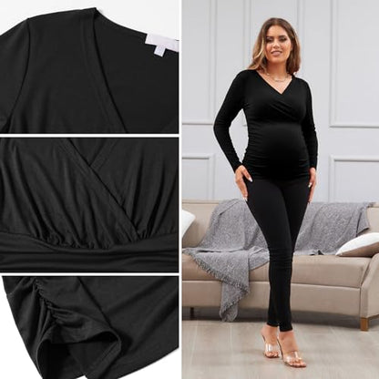 Maternity Shirt Long Sleeve Top Wrap V Neck Blouse Cross Over Nursing Tshirt - color: Black /Black /Black, size: Large
