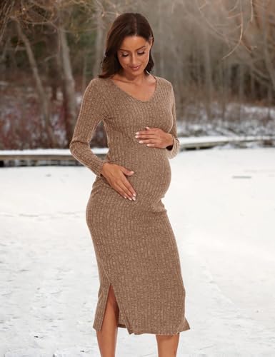 LAHILO Long Sleeve Maternity Sweater Dress for Fall Winter Baby Shower - color: Camel, size: XX-Large