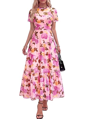 BTFBM Womens Mesh Ruffle Boho Cocktail Dresses - color: Floral Pink Purple, size: X-Small