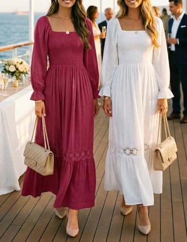 ZESICA Women's 2026 Boho Long Sleeve Fall Maxi Dress - color: Plum, size: Large
