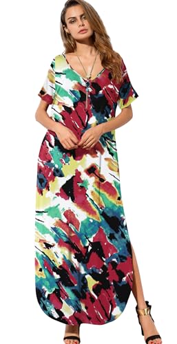 GRECERELLE Women's Summer Maxi Dress Casual Loose V Neck Short Sleeve Side Split Long Dresses with Functional Pockets - color: White Ink Red, size: Medium
