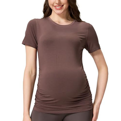 netdraw Buttery Soft Bamboo Viscose Maternity T Shirt, Pregnancy Short Sleeve Side Ruched Casual Tops - color: Cocoa, size: Small