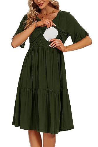 Smallshow Women's Ruffle Maternity Nursing Dress - color: Army Green, size: Medium