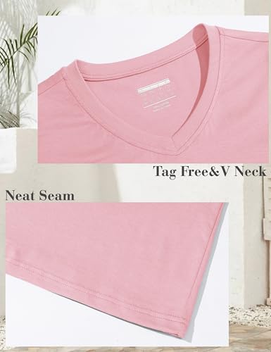 YUCOLEN Womens Shirts Cotton Short Sleeve Tops V Neck Casual Basic Tees - color: A-pink, size: X-Large