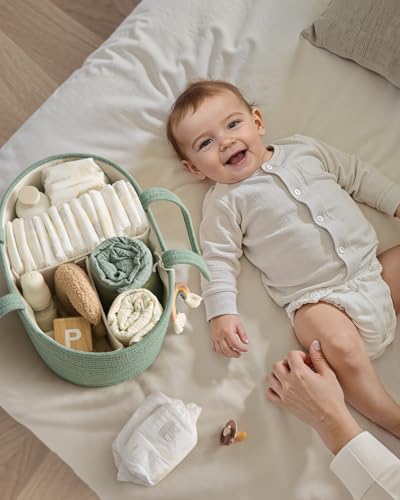Blissful Diary Diaper Caddy Organizer, Woven Cotton Rope, Green - color: Oval Green