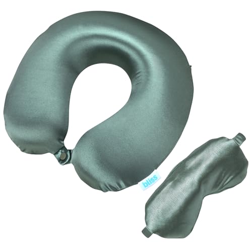 Bliss Neck Pillow Set U-Shaped Satin Travel Pillow with Eye Mask - color: Spiral Sage