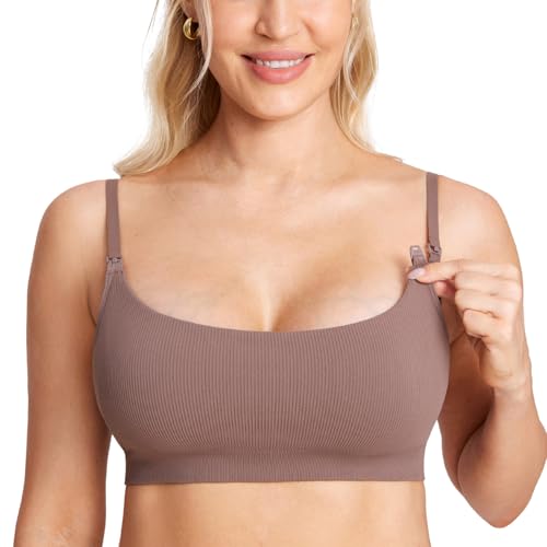MOMANDA Ribbed Nursing Bras for Breastfeeding - color: Brown Purple, size: Medium