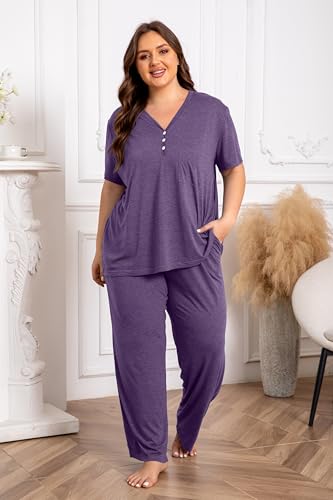 Vozanet Women's Plus Size Pajama Sets V Neck Pants Sets Solid Color Button Sleepwear Soft Loungewear Nighty with Pockets - color: Bright Purple, size: X-Large