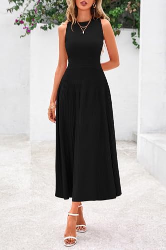 PRETTYGARDEN Women's Summer Pleated Midi Work Dress - color: Black, size: Medium
