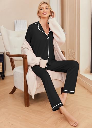 Ekouaer Pajamas Womens Long Sleeve Sleepwear Button Down Loungewear Pjs Set - color: Black, size: Large