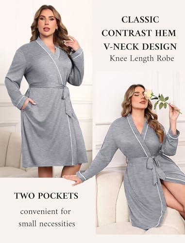 Ekouaer Plus Size Robes for Women Soft Bathrobe V Neck Soft Maternity Robe - color: Light Gray, size: 3X
