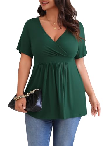 POSESHE Womens Plus Size Tops 2026 Summer Short Sleeves Tunic Tops - color: Green, size: Large Plus