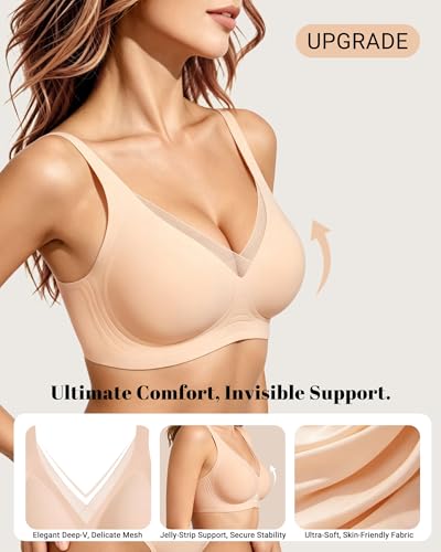 As Fairy Wireless Bras for Women Deep V Jelly Mesh Push Up Bra - color: Champagne Nude, size: 32B