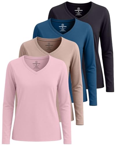 4 Pack Women's Long Sleeve Cotton V Neck Tshirts Basic Tees Tops Undershirt - color: Set 6, size: XX-Large