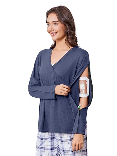 Deyeek Women's Post Shoulder Surgery Shirts Long Sleeve V-Neck Wrap Chemo Blouse Easy Access Adaptive Snap On Dialysis Shirts - color: Navy Blue, size: Large