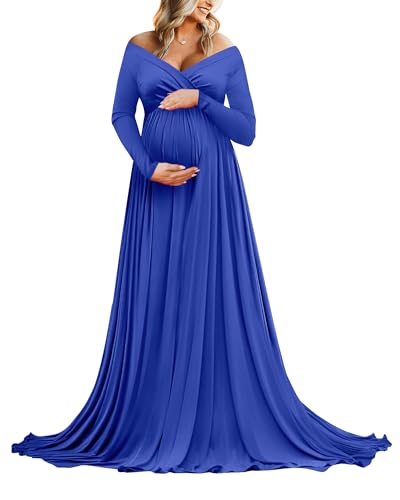 Saslax Off Shoulder Maternity Maxi Dress for Photoshoot - color: Blue, size: XX-Large