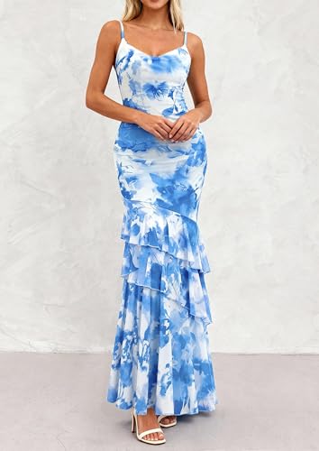 PRETTYGARDEN Women's Boho Floral Tiered Maxi Dress - color: Blue, size: X-Small