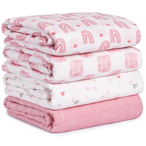 Muslin Swaddle Blankets for Newborn, Cotton Receiving Blanket - color: Pink Rainbow