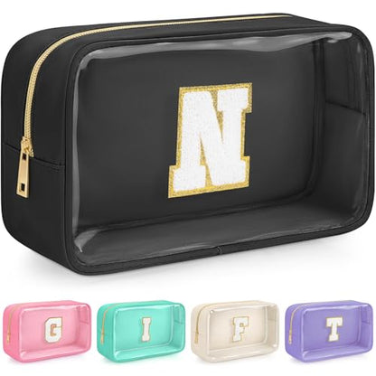 Initial Clear Makeup Bag, Birthday Gift Chenille Patch Cosmetic Bag - color: Black, size: N