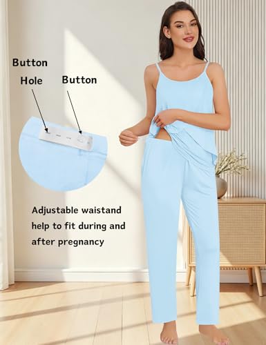 SWOMOG Maternity Pajamas Set 3 PCS Nusing Pajamas Labor and Delivery Gown & Camisole & Pants Postpartum Pjs - color: Lights Blue, size: Medium
