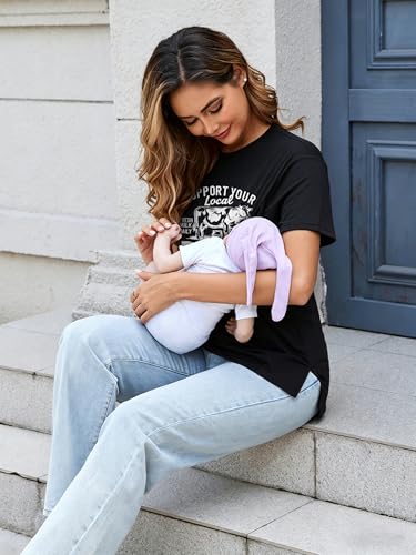 Breastfeeding Shirts for Women Hidden Zippers Nursing Shirt Side Split Tees - color: Black, size: Large