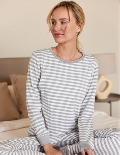Ekouaer Nursing Pajamas Set Long Sleeve Maternity Clothes Thermal Underwear - color: Ash Light Gray Stripe, size: Medium