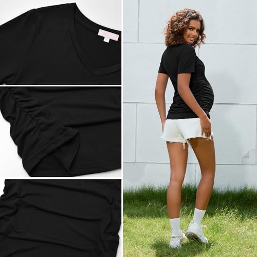 Bhome Maternity Shirt Short Sleeve Pregnancy Tshirt Side Ruched Tee Top - color: Black Vneck, size: Large