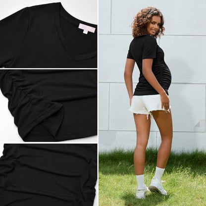 Bhome Maternity Shirt Short Sleeve Pregnancy Tshirt Side Ruched Tee Top - color: Black Vneck, size: Large