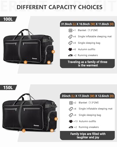 Gonex 100L Foldable Travel Duffle Bag with Shoe Compartment, Lightweight - color: Black, size: 100L