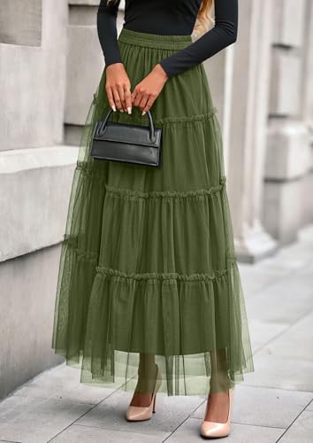 PRETTYGARDEN Women's Fall Soft Tulle Tiered Long Skirt - color: Army Green, size: X-Large