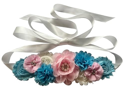 Maternity Flower Belt for baby shower Mommy Sash Pregnancy Belt - color: Pink Blue