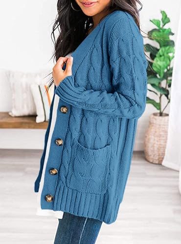 PRETTYGARDEN Women's Cable Knit Cardigan Sweaters Fall - color: Blue, size: Small