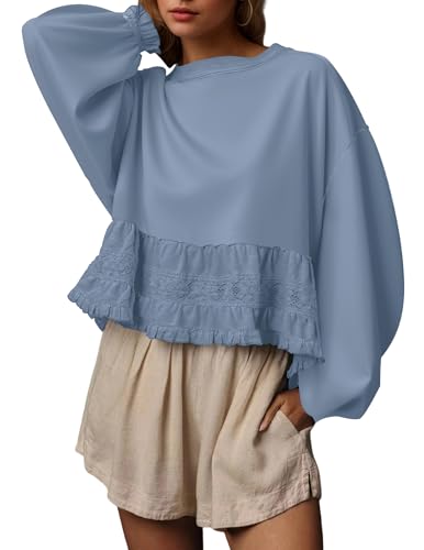 Burtell Crew Neck Crop Oversized Sweatshirts For Women Casual Long Puff Sleeve Babydoll Tops Loose Lace Patchwork Peplum Top - color: Blue, size: X-Large