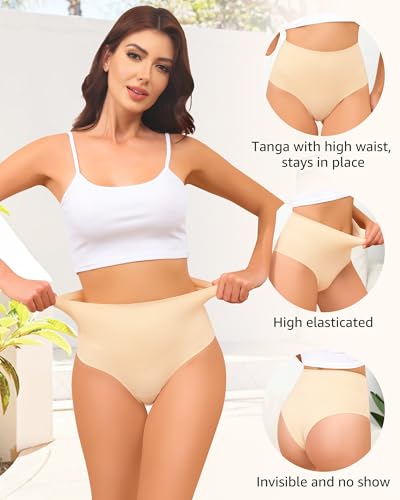 LEVAO 4-Pack Women Tummy Control Thong High Waist Seamless Underwear S-XXL - color: Nude*4, size: Medium