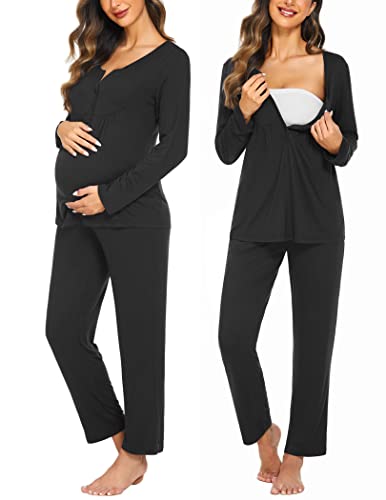 Ekouaer Maternity Nursing Pajama Set Long Sleeve Postpartum Pjs Mom Clothes - color: Black, size: Large