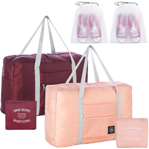 Travel Bag 2PCS Foldable Duffle Tote Weekender Overnight Luggage Bag - color: Pink+Red