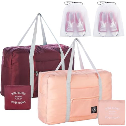 Travel Bag 2PCS Foldable Duffle Tote Weekender Overnight Luggage Bag - color: Pink+Red