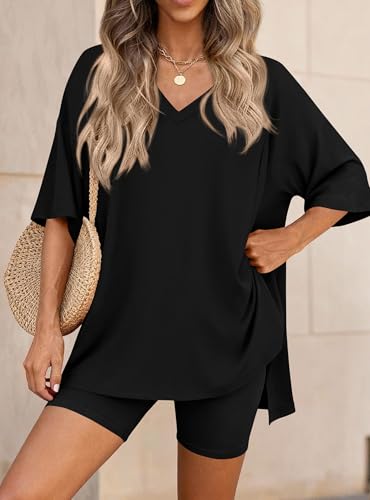 PRETTYGARDEN Womens 2 Piece Outfit Lounge Short Sets - color: Black, size: Large