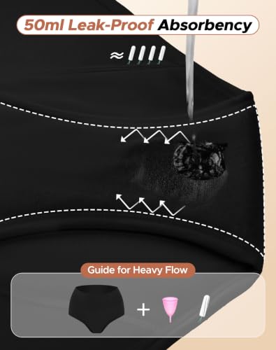 INNERSY Women's Plus Size Period Underwear High Waist Heavy Flow 3-Pack - color: Black, size: X-Large