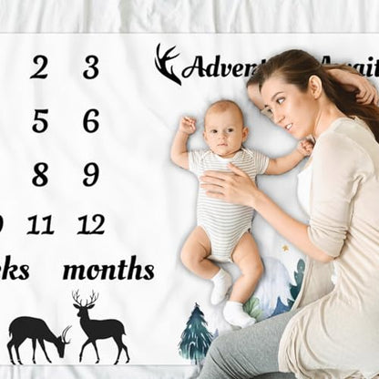 Jungle Adventure Baby Monthly Milestone Blanket Mountain Forest Cute Deer